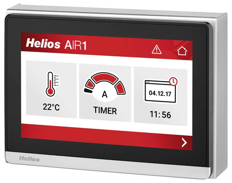 "Helios AIR1"-Bedienfeld-Display mit Temperaturanzeige 22°C, Timer-Visualisierung, Datum 04.12.17 und Uhrzeit 11:56.