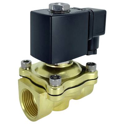 Ein Magnetventil aus Messing mit einem schwarzen Stellantrieb oben, konzipiert zur Steuerung des Fluidflusses in Rohrleitungssystemen.