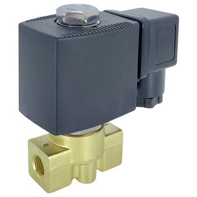 Ein schwarzes und messingfarbenes Magnetventil mit elektrischem Anschluss, verwendet zur Steuerung des Durchflusses von Flüssigkeiten oder Gasen in einer Rohrleitung.
