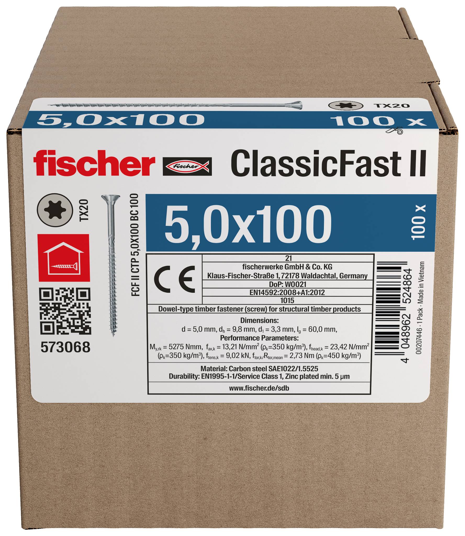 Pappkarton mit Fischer ClassicFast II TX20 Holzschrauben, Größe 5,0x100, gekennzeichnet mit Produktdetails und einem QR-Code.