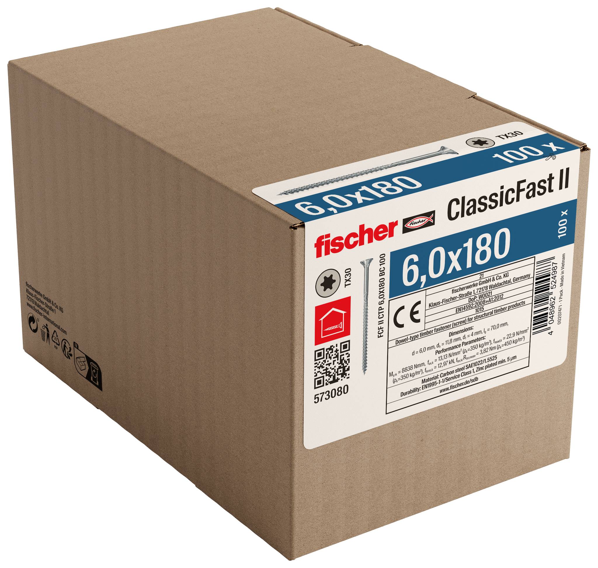 Papierschachtel für den Versand mit der Beschriftung „fischer ClassicFast II 6,0x180" mit Produktetikett und Menge „100 x" auf der Vorderseite.