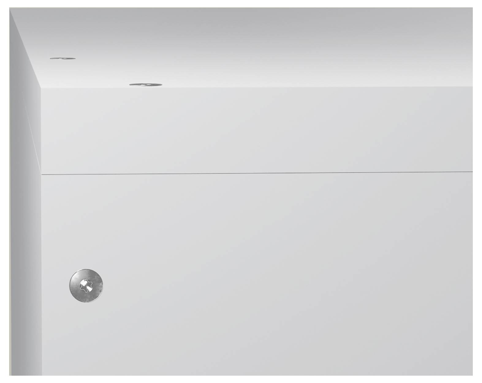 Minimalistischer weißer Schrank oder Wandpaneel mit einem kleinen runden metallischen Knauf in der unteren linken Ecke und zwei kleinen eingelassenen Leuchten darüber.