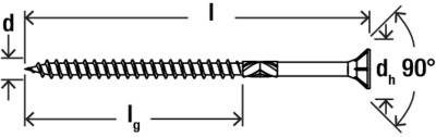 Technisches Diagramm einer Schraube mit beschrifteten Abmessungen: d, l, l_g und Kopfdurchmesser d_h, das einen 90°-Versenkungskopfwinkel zeigt.
