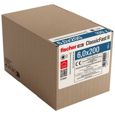 Kartonbox mit Fischer ClassicFast II 6,0x200 Befestigungselementen, mit Produktetikett auf der Vorderseite dargestellt.