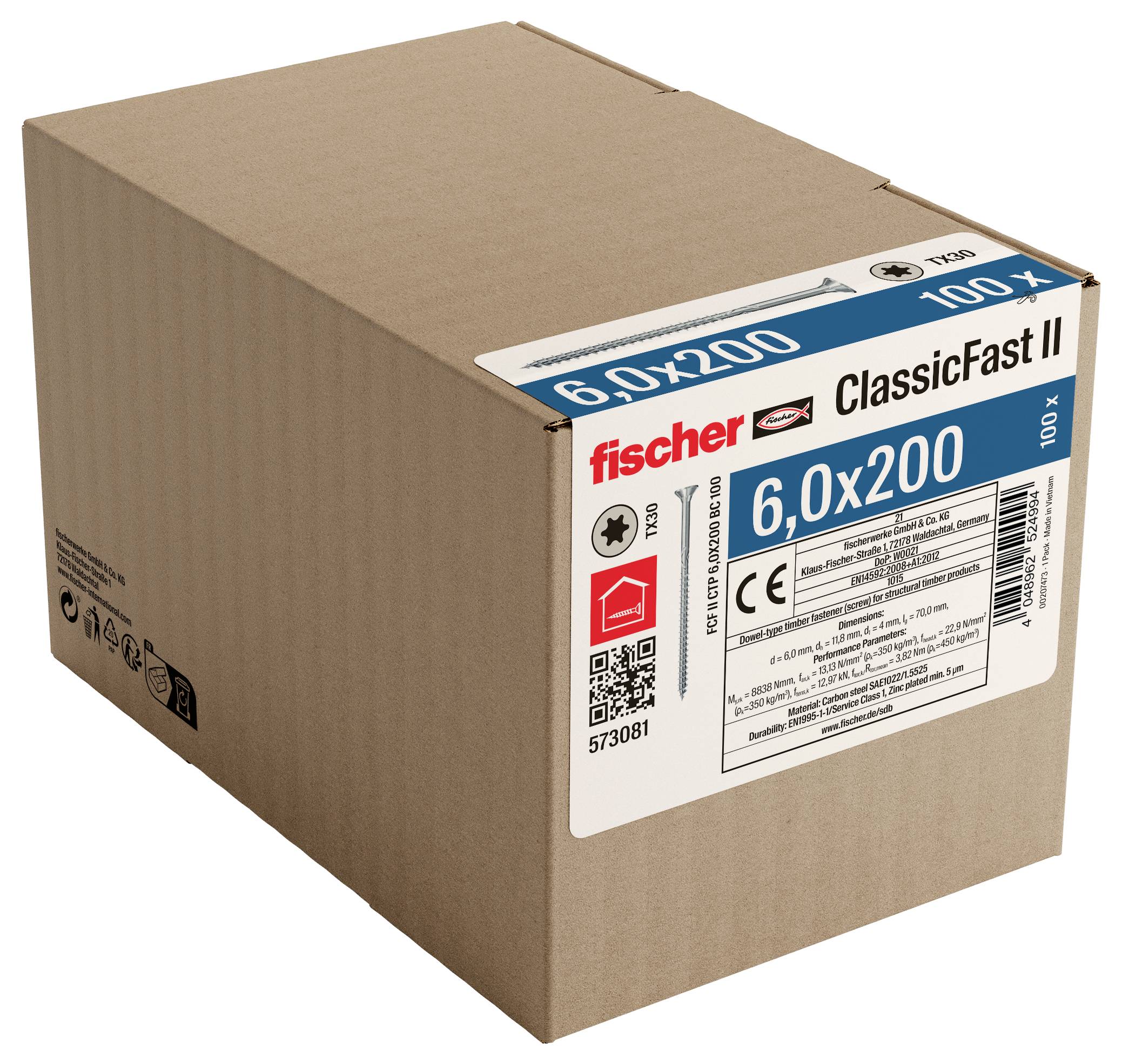 Karton mit Fischer Classicfast II Schrauben, beschriftet mit 6,0x200 und 100 x, auf neutralem Hintergrund abgebildet.