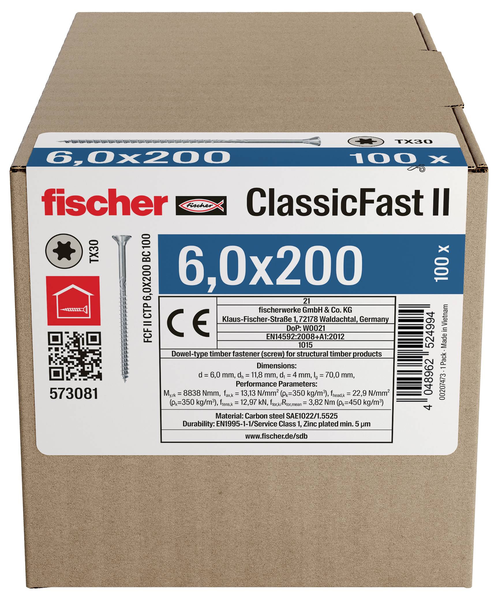 Pappkarton mit der Aufschrift „fischer ClassicFast II" mit „6,0x200" und „100 x", zeigt eine Packung Schrauben für die Holzbearbeitung.
