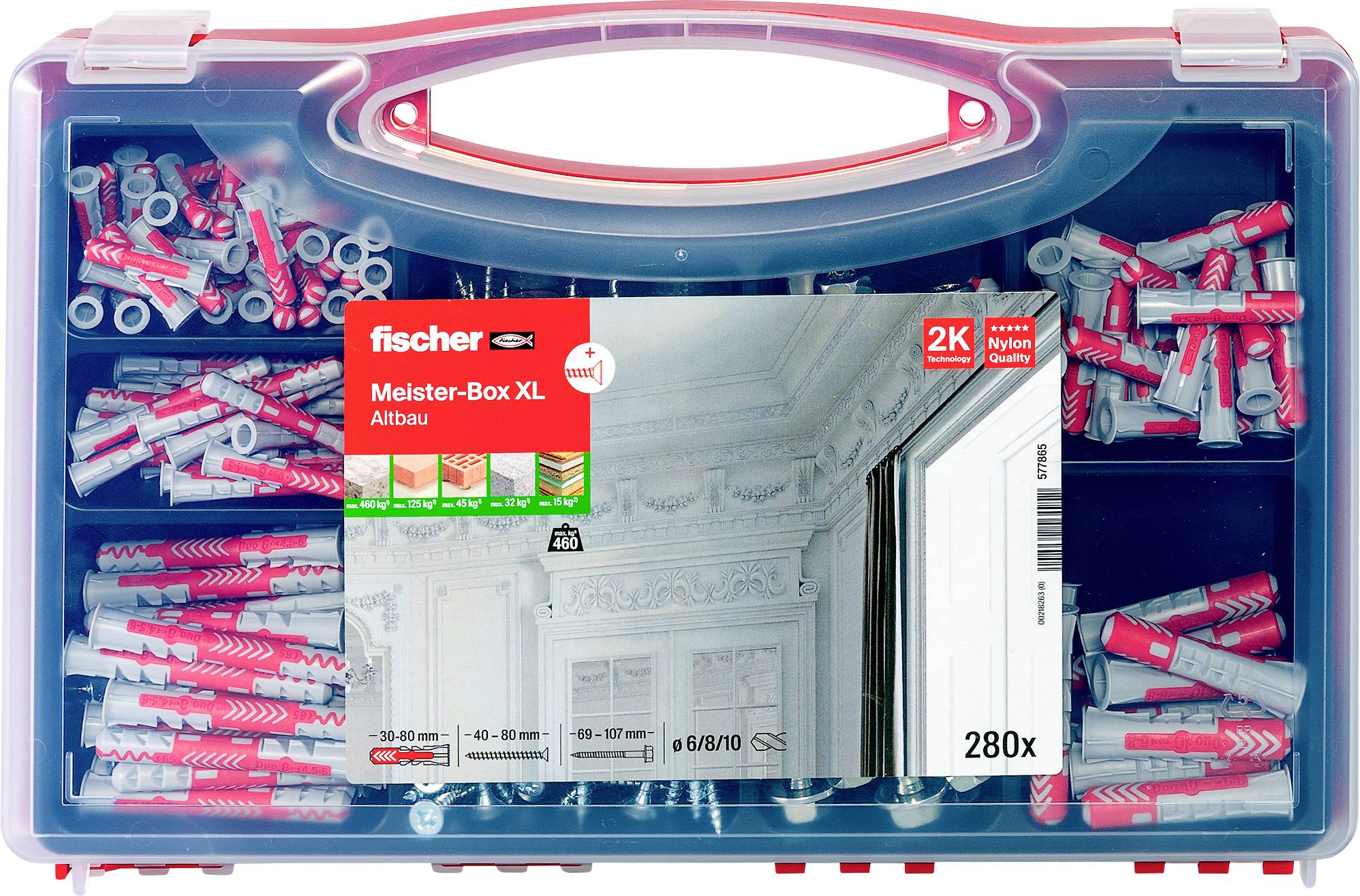 Fischer 577865 Meister-Box XL Altbau + S Assortimentsdoos pluggen 30 mm, 40 mm, 50 mm, 65 mm, 80 mm 280 onderdelen