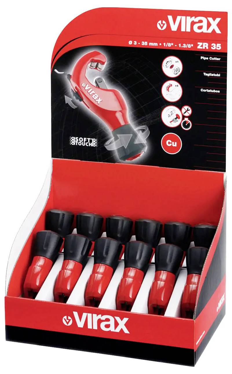 # Virax Rohrabschneider-Verpackungsbox<br><br>Eine Verpackungsbox mit Virax Rohrabschneidern, die rot-schwarze Schneidewerkzeuge aufrecht angeordnet zeigt. Die Verpackung ist mit den Bezeichnungen 'Virax' und 'ZR 35' gekennzeichnet.
