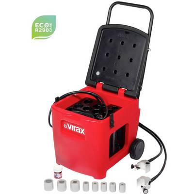 Tragbare rote Virax-Maschine mit geöffnetem Deckel und Griff, die obere Lüftungsschlitze, Schlauch, Räder und mitgelieferte Beschläge zeigt; "ECO R290"-Etikett oben links.