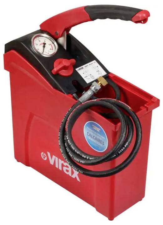 Red Virax tragbare Druckprüfpumpe mit Manometer, Schlauch und Tragegriff.