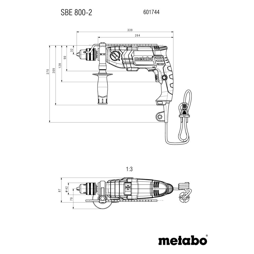 Technische Schemazeichnung eines Metabo SBE 800-2 Bohrers mit Maßangaben und Seitenansichtsdetails, einschließlich Handgriff und Netzkabel.