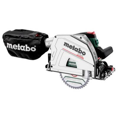 Metabo Akku-Kreissäge mit Staubsack, Seitenansicht auf weißem Hintergrund.