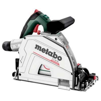 Metabo-Tauchsäge mit schwarzgrünem Griff, weißem Schutzblech und angebrachtem Staubabsaugungsanschluss auf weißem Hintergrund.