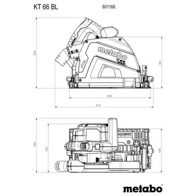 Technische Strichzeichnung einer Metabo KT 66 BL Säge mit Seiten- und Draufsichten mit Maßangaben und Modellnummer 601166.