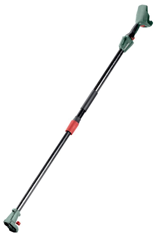 Eine schwarze Teleskop-Gartenschere mit grünen und roten Griffen, entwickelt zum Schneiden oder Trimmen, die eine erweiterte Reichweite beim Gärtnern ermöglicht.