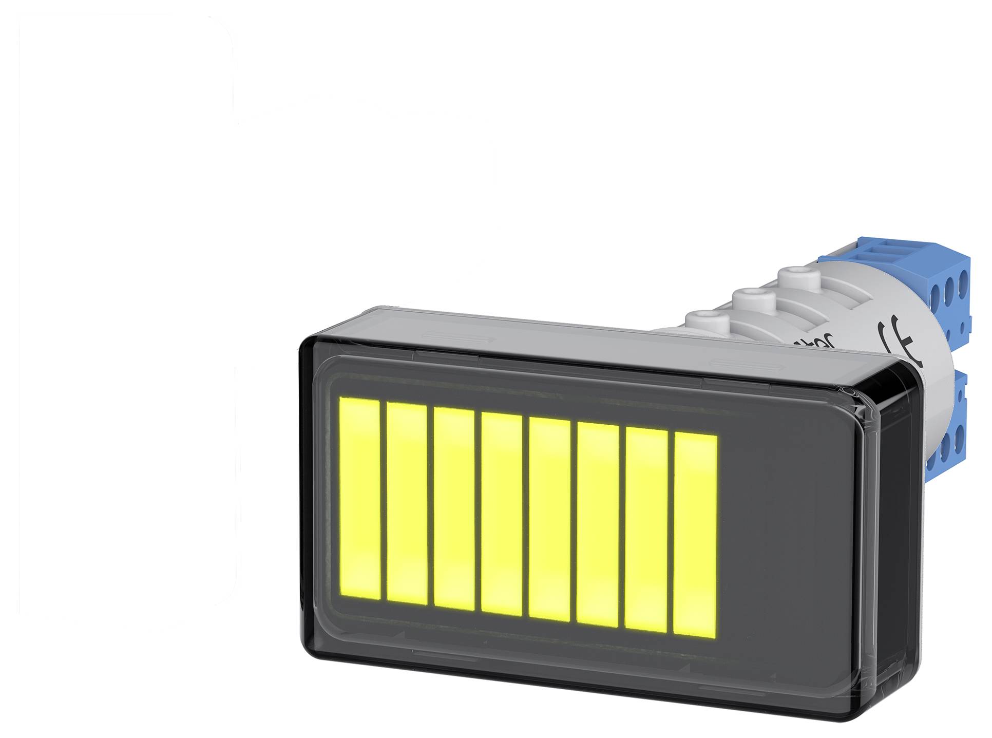 Rechteckiger LED-Indikatorschalter mit schwarzem Rahmen und beleuchteten gelben Balken, der zur Anzeige des Betriebsstatus in elektronischen Geräten verwendet wird.