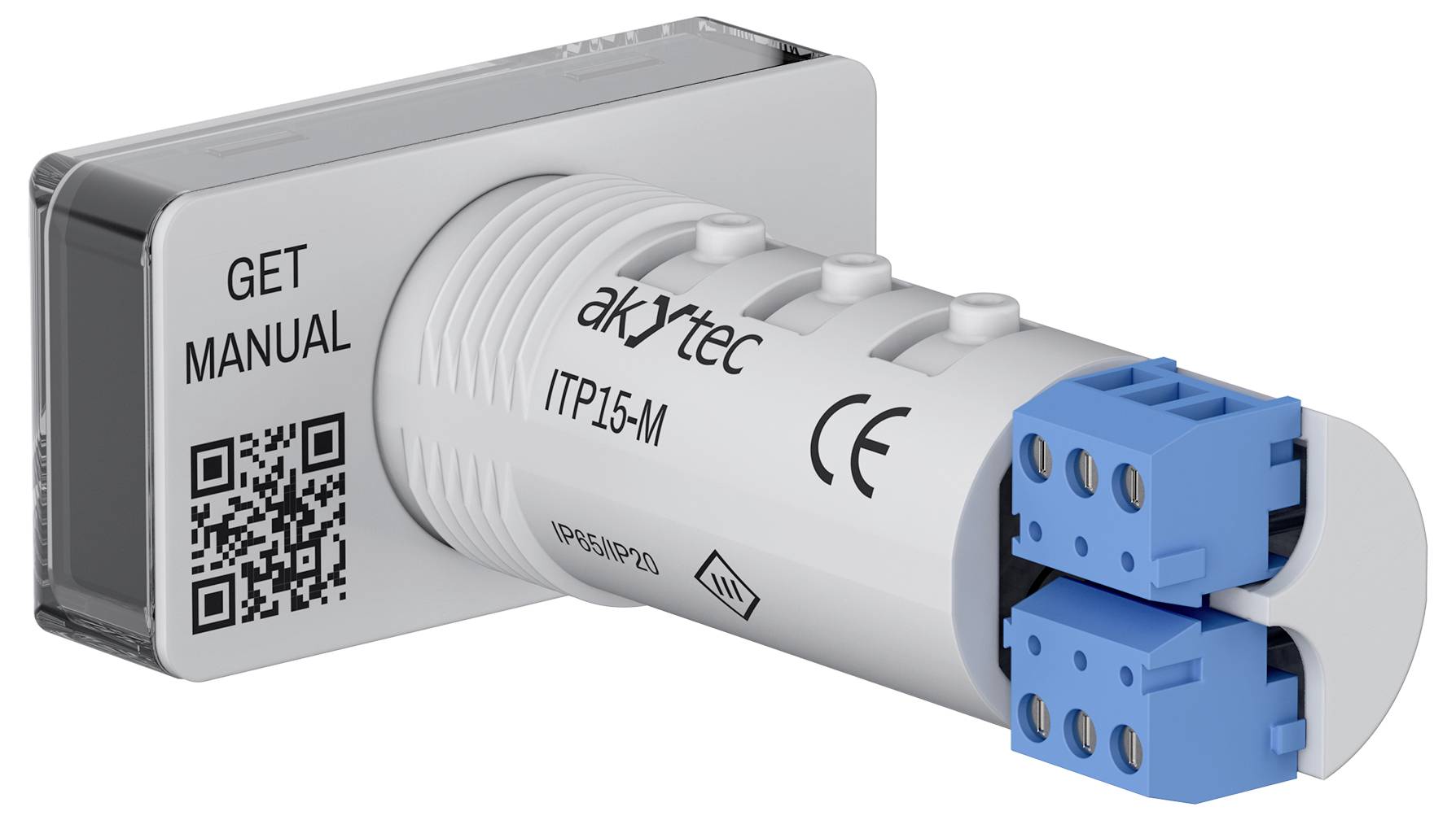 'akytec ITP15-M' Temperaturumwandler mit CE-Kennzeichnung und Handbuch-QR-Code, ausgestattet mit zwei blauen Anschlüssen an der Seite.