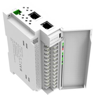 Ein offenes elektrisches Modul mit beschrifteten Ethernet-Ports, USB-Anschluss und Anzeige-LEDs, das für Konnektivität und Diagnose verwendet wird.