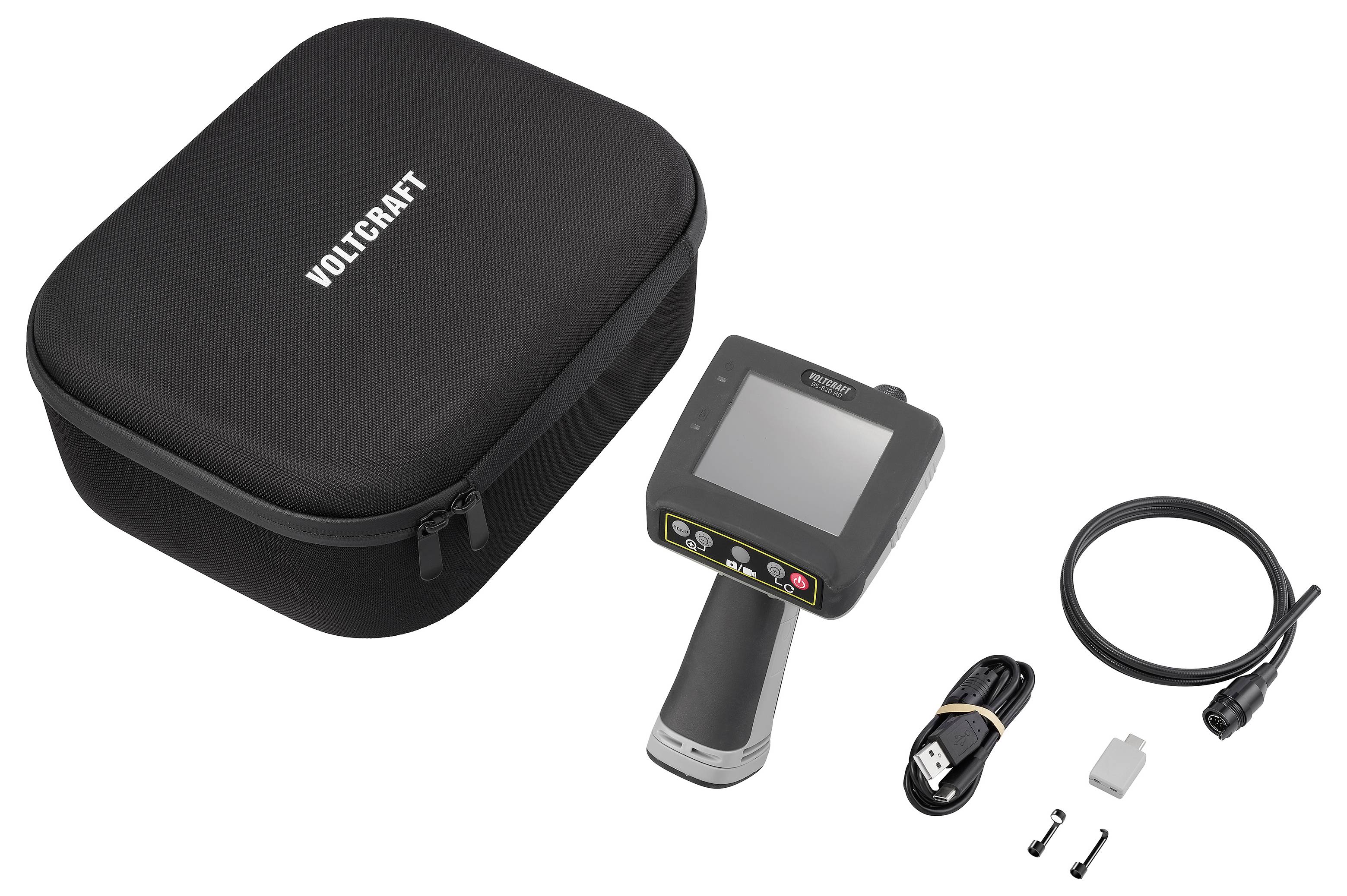 Tragbares Inspektionskamera-Set mit Transportkoffer, tragbares Display-Gerät, Kabel, Ladegerät und Zubehör.