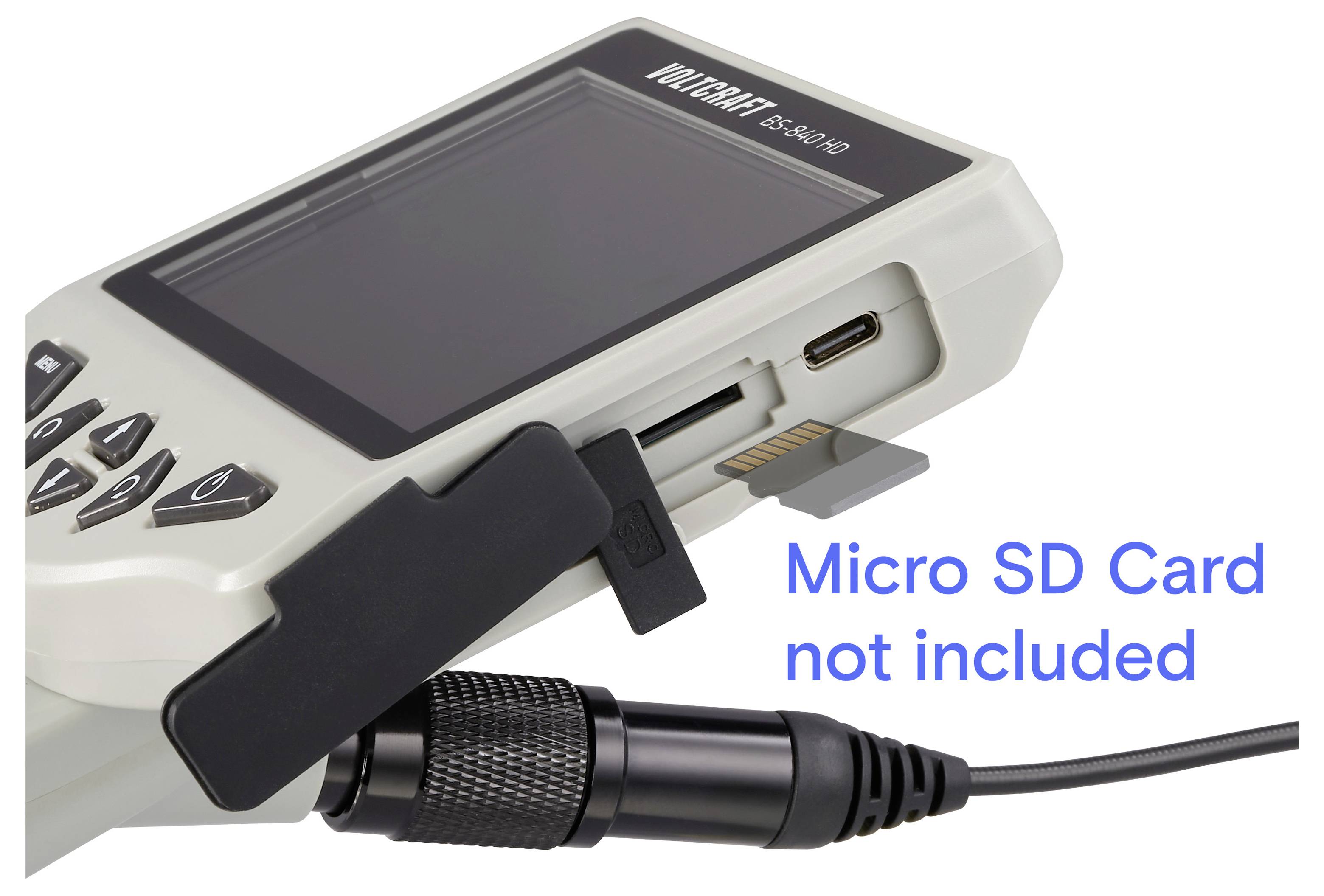 Tragbares Gerät mit Micro-SD-Kartensteckplatz und angeschlossenem Kabel, beschriftet mit „Micro-SD-Karte nicht enthalten".