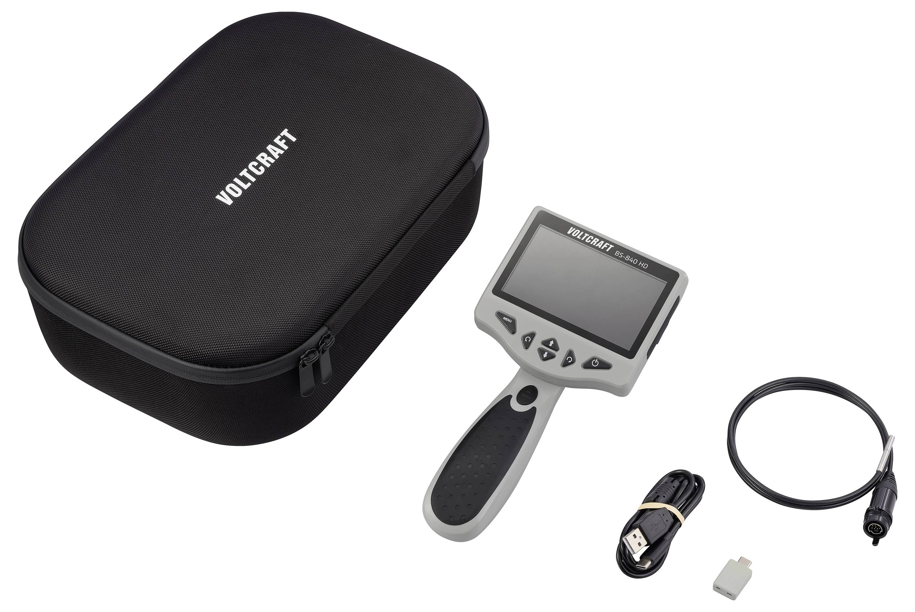 Voltcraft tragbares Inspektionskamera-Set mit Transporttasche, Anzeigeeinheit, Kabel, USB-Anschluss und Zubehörteilen auf weißem Hintergrund.