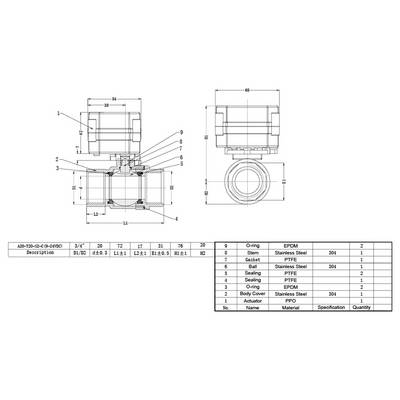 Eine technische Zeichnung eines Ventils skizziert Abmessungen und Komponenten, mit einer Tabelle, die Teile wie Kolben, Dichtung und Kugel mit Materialien wie Edelstahl und PTFE auflistet.