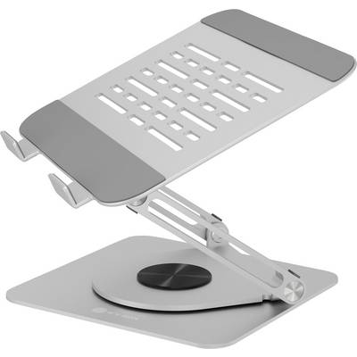 Verstellbarer Laptop-Ständer mit Metallrahmen, belüfteter Oberfläche zur Kühlung und einer drehbaren Basis für Rotation. Design in Grau und Silber.