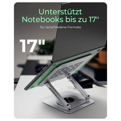 Ein Laptop auf einem verstellbaren Ständer, mit der Bildunterschrift "Unterstützt Notebooks bis zu 17" für verschiedene Formate", der die Kompatibilität bis zu 17 Zoll demonstriert.