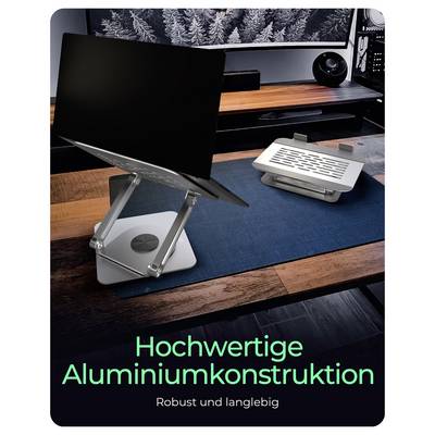 Ein Laptop auf einem stabilen Aluminiumständer auf einem Schreibtisch. Text: Hochwertige Aluminiumkonstruktion. Robust und langlebig.