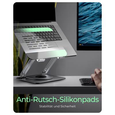 Ein Laptop auf einem Ständer, mit 'Anti-Rutsch-Silikonpads: Stabilität und Sicherheit' Text, der die Stabilitätsmerkmale hervorhebt.