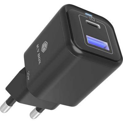 Ein schwarzes USB-Wandladegerät mit 'ICY BOX' Schriftzug, ausgestattet mit einem USB-Anschluss und einem Stecker für europäische Steckdosen, mit einer Leistung von 20 W.
