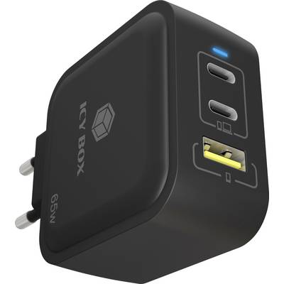 Ein schwarzes 65W ICY BOX Ladegerät mit zwei USB-C-Anschlüssen und einem USB-A-Anschluss, mit blauer Kontrollleuchte und europäischem Stecker.