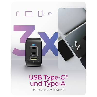 USB-Ladehub mit 3x Anschlüssen (Type-C und Type-A) in schwarzem Design, präsentiert neben einem Laptop, Tablet und Smartphone. Text: "2x Type-C und 1x Type-A".