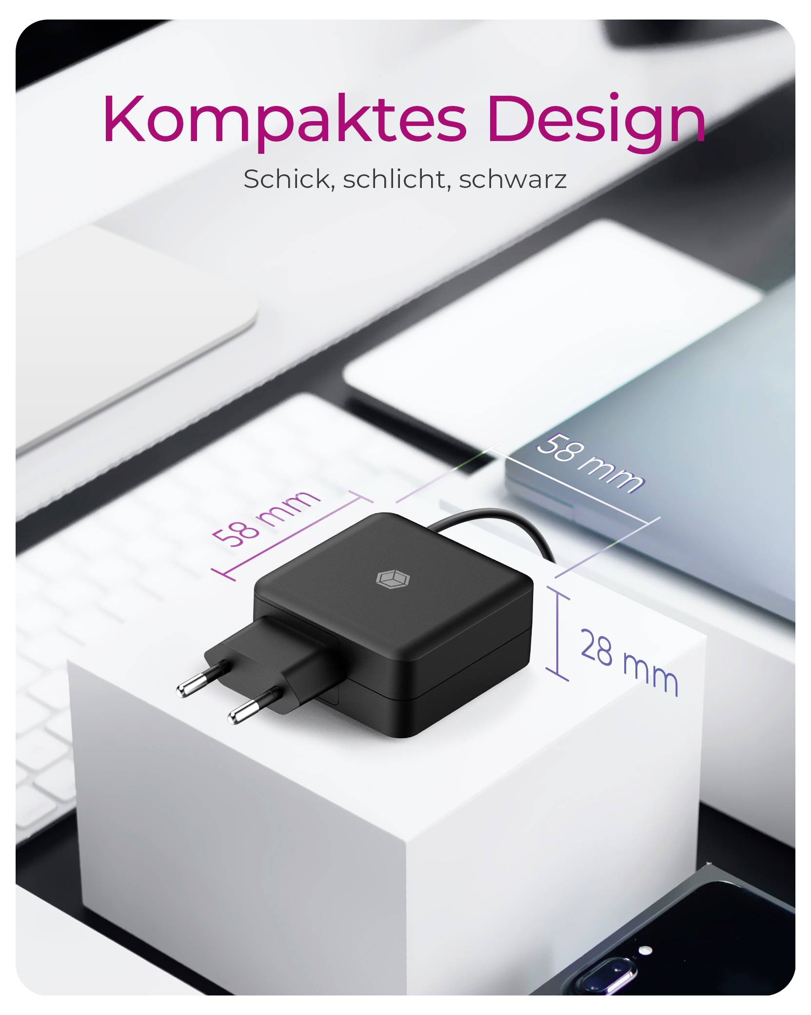 Ein schwarzes kompaktes Ladegerät auf einem weißen Block mit den Abmessungen '58 mm x 28 mm'. Text liest sich: 'Kompaktes Design' und 'Schick, schlicht, schwarz'.