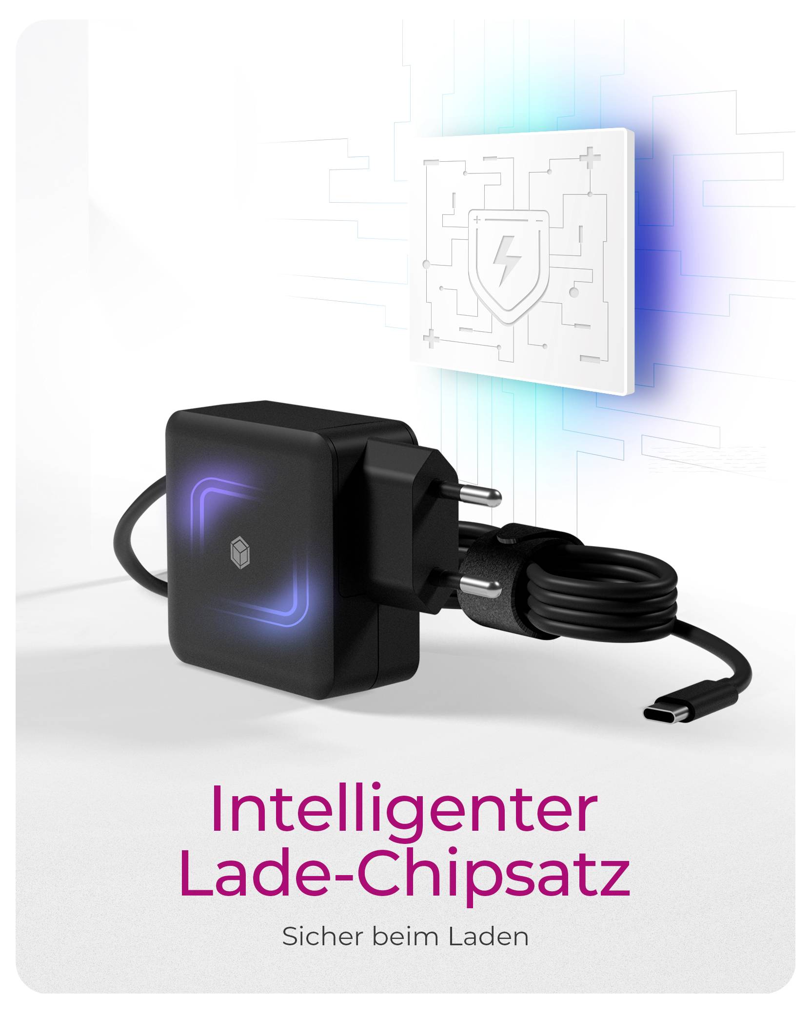 'Intelligenter Lade-Chipsatz' zeigt einen smarten Ladegerät-Adapter mit leuchtenden blauen Akzenten und einem digitalen Schaltkreismuster. Text liest sich: 'Sicher beim Laden'.