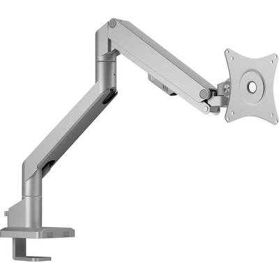 Ein silberner, verstellbarer Monitorarm mit Klemmhalterung und VESA-Halterung, entwickelt für ergonomische Positionierung von Computerbildschirmen auf einem Schreibtisch.