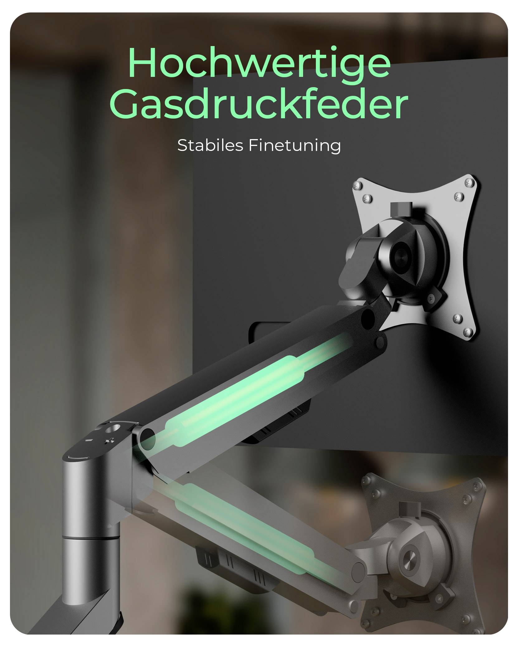 Ein Monitorarm mit einer Gasdruckfeder und gelenkigem Halter, an einer Wand montiert. Deutscher Text liest sich: "Hochwertige Gasdruckfeder, Stabiles Finetuning".