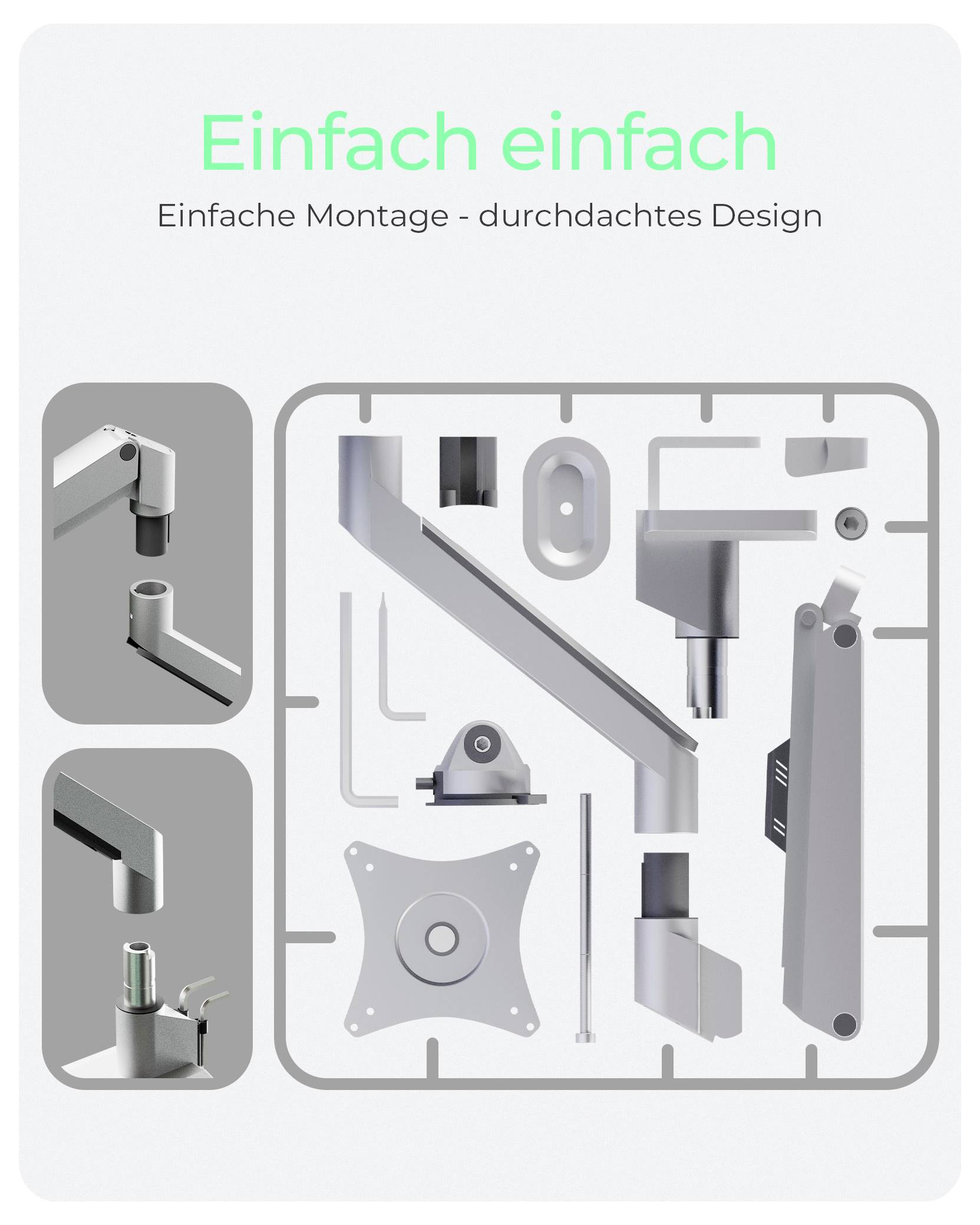 Abbildung zeigt Teile eines Monitorarms mit der Bezeichnung "Einfach einfach", die eine einfache Montage und durchdachte Gestaltung hervorheben.