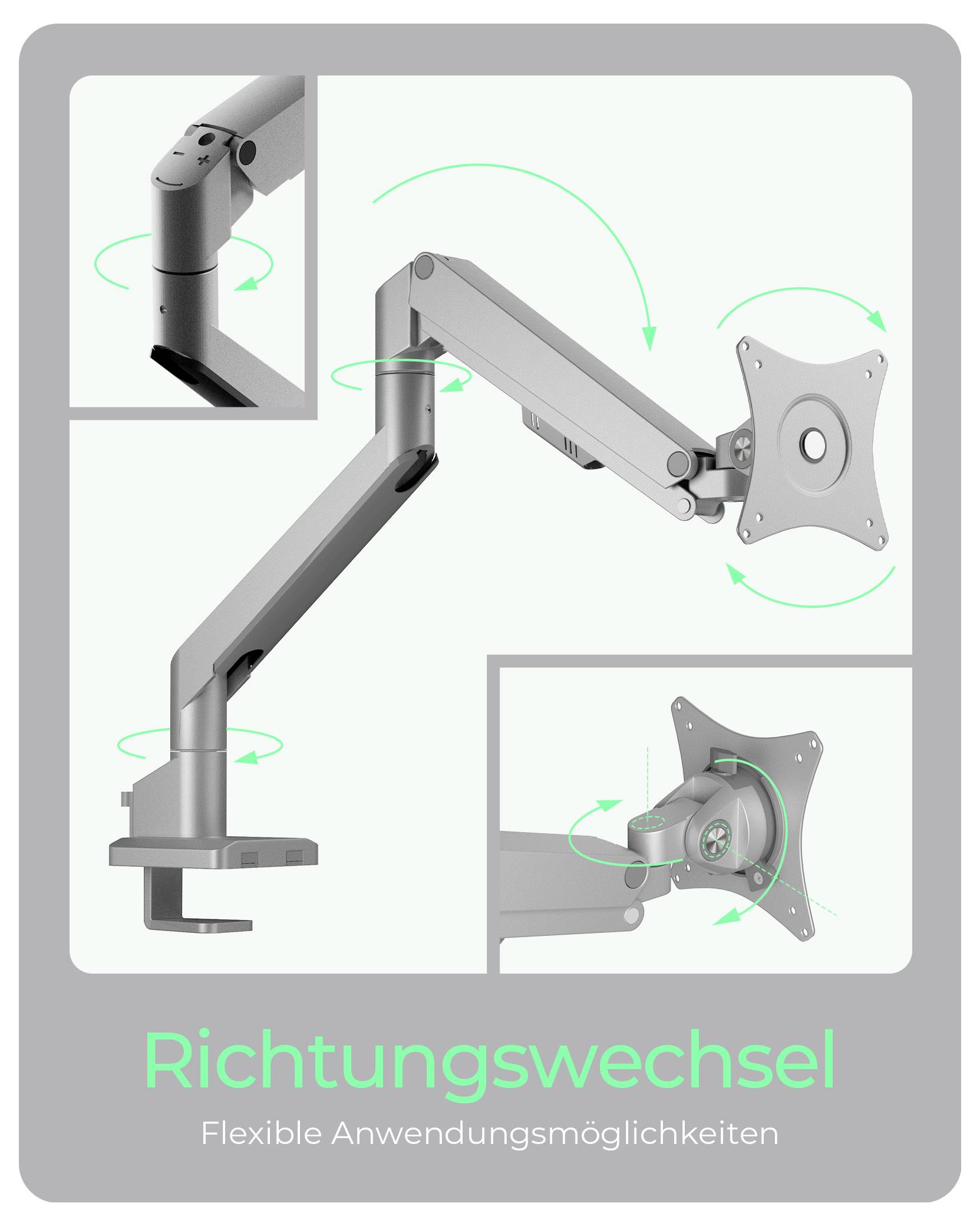 Plakat 'Richtungswechsel', das einen verstellbaren Monitorarm mit schwenkbaren Gelenken für flexible Positionierung zeigt.