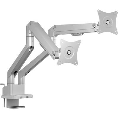 Ein Dual-Arm-Monitorhalter mit verstellbaren Armen, der zum seitlichen Nebeneinander-Platzieren von zwei Monitoren entwickelt wurde und die Flexibilität des Arbeitsbereichs verbessert.