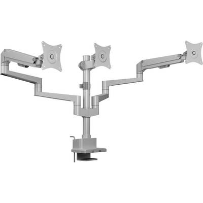 Ein Dreifach-Monitorarmhalter mit verstellbaren Armen ist zu sehen. Er befestigt sich an einem Schreibtisch und ist dafür ausgelegt, drei Bildschirme zu halten.