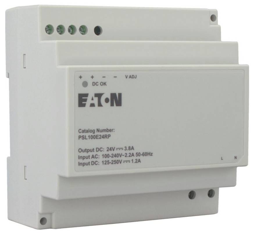Ein weißes Eaton Netzteil mit der Modellnummer PSL100E24RPP. Liefert Gleichstrom (DC) mit 24V, 3,8A und akzeptiert Wechsel- oder Gleichstrom (AC/DC) in den angegebenen Bereichen.