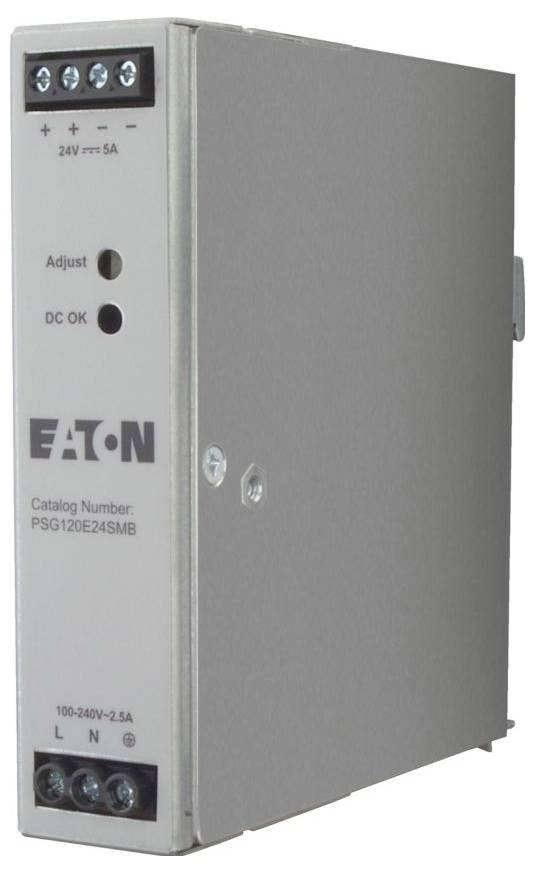 EATON Netzteil, Modell PSG120E24SMB, mit Eingang: 100-240V, Ausgang: 24V DC, 5A, einstellbar. Metallgehäuse, wandmontierbar.