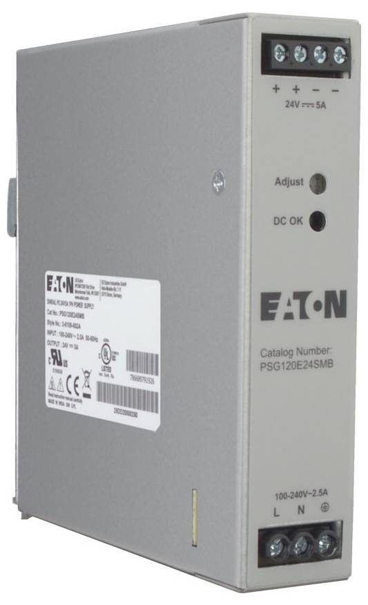 Eaton Netzteil, Modell PSG120E24SMB, liefert 24V bei 5A. Zeigt Einstellungs- und DC OK-Anzeigen, Eingabebereich 100-240V.