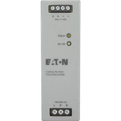 Frontansicht eines Eaton Netzteilgeräts mit Anzeigen für "Adjust" und "DC OK". Etikett zeigt "Katalognummer: PSG240E24SMB".