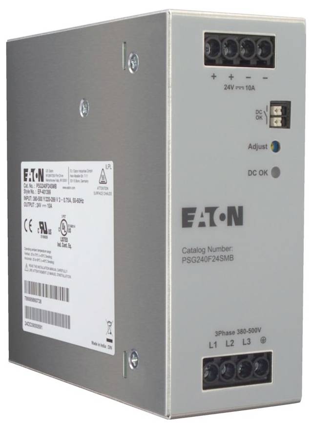 Eaton Netzteil, Modell PSG240F24SMB, mit Eingangsspannung 3-Phasen 380-500V und Ausgangsspannung 24V, 10A. Merkmale umfassen DC OK Anzeige und Einstellrädchen.