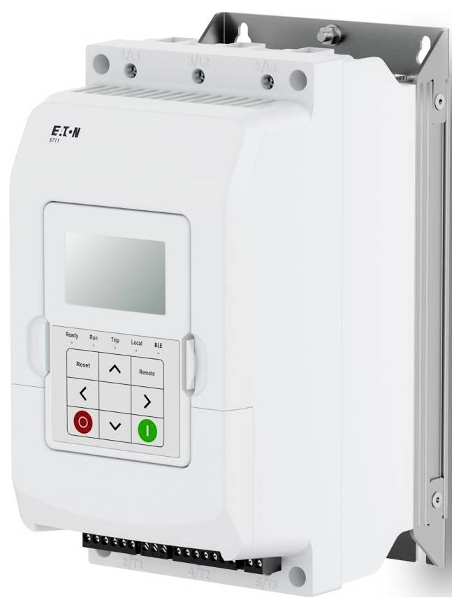 Eaton SPX 4 Frequenzumrichter, weiße Gehäuse, mit Bedienfeld mit Tasten und kleinem Display, an einer Halterung montiert.