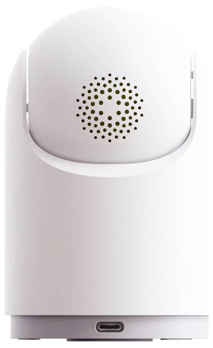 Ein zylindrischer weißer Smart-Home-Gerät mit gelochter Lautsprecherblende oben und einem USB-C-Anschluss am Boden, der für Sprachbefehle verwendet wird.