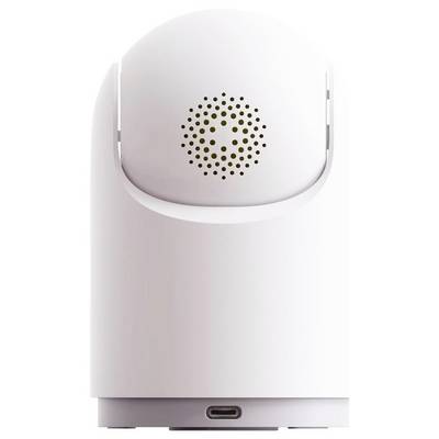 Ein zylindrischer weißer Smart-Home-Gerät mit gelochter Lautsprecherblende oben und einem USB-C-Anschluss am Boden, der für Sprachbefehle verwendet wird.