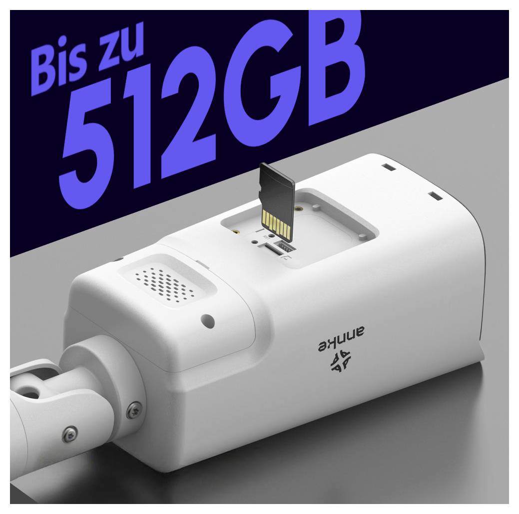 Eine weiße Sicherheitskamera mit geöffnetem microSD-Kartensteckplatz. Text darüber liest sich „Bis zu 512GB" und zeigt die Speicherkapazität an.